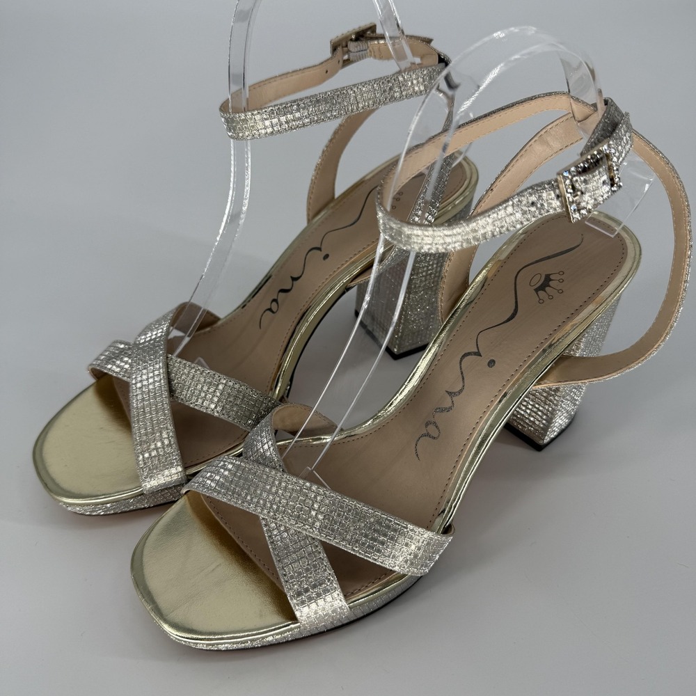 Nina Secelia-MG Sandals Women 9.5 Silver Metallic Rhinestone Block Heel